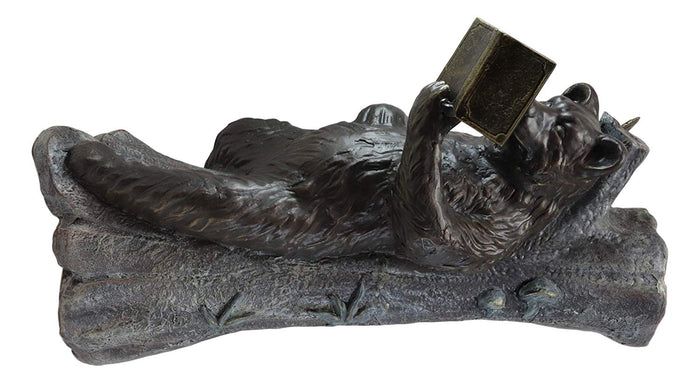 Ebros Gift Aluminum Whimsical Butterfly And Bear Resting On Tree Trunk Reading Book Statue