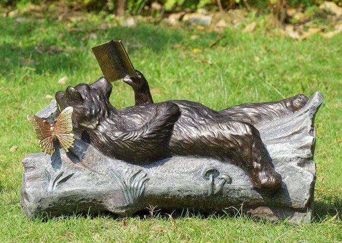 ebros gift Aluminum Whimsical Butterfly And Bear Resting On Tree Trunk Reading Book Statue