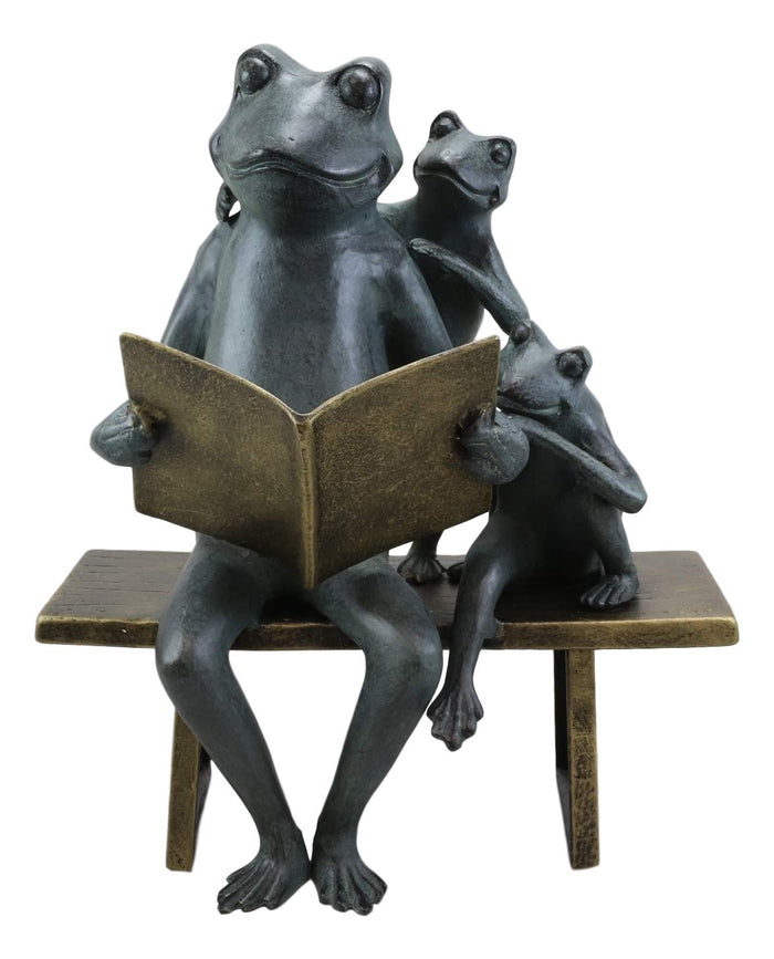 Ebros Gift Aluminum Whimsical Daddy Frog Reading Story Book To Kids On Bench Garden Statue