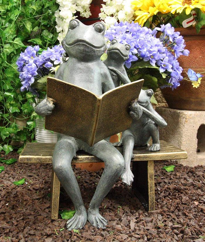ebros gift Aluminum Whimsical Daddy Frog Reading Story Book to Kids On Bench Garden Statue