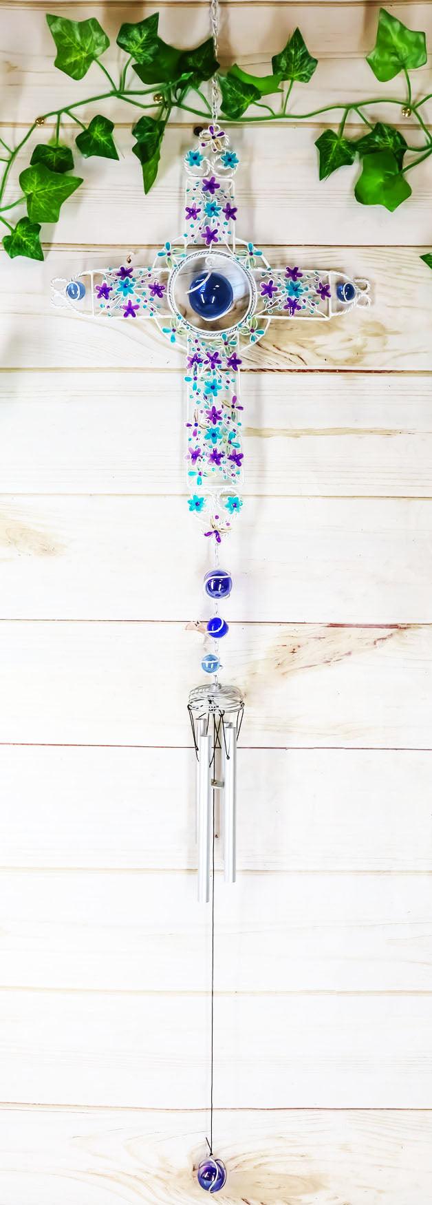 Ebros Gift Amazing Grace Floral Cross With Gemstones Resonant Relaxing Wind Chime 40" Long
