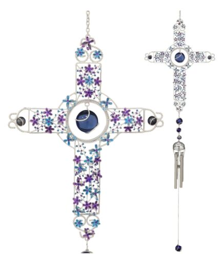 ebros gift Amazing Grace Floral Cross With Gemstones Resonant Relaxing Wind Chime 40" Long
