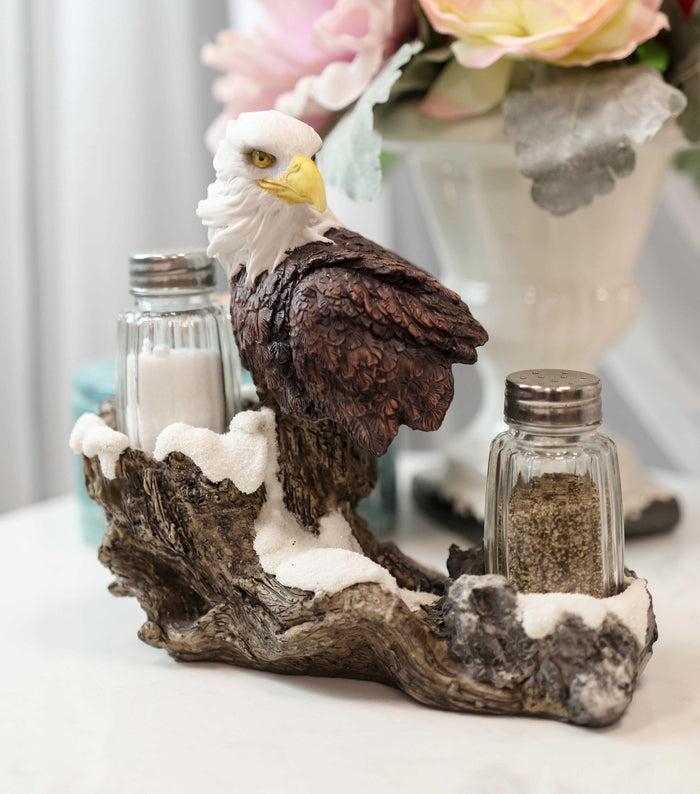 ebros gift American Bald Eagle By Tree Branch Glass Salt & Pepper Shakers Holder Figurine