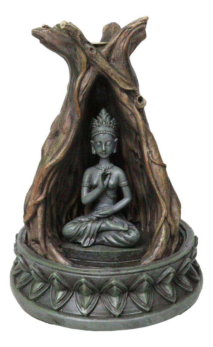 Ebros Gift Amitabha Buddha Meditating Inside Tree Trunk Backflow Incense Burner Figurine