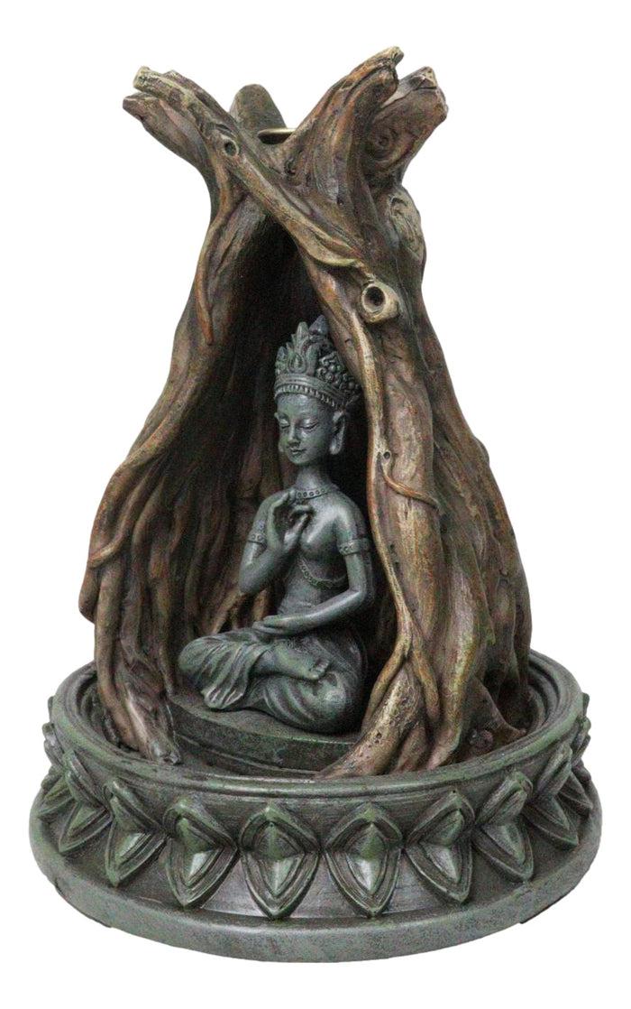 Ebros Gift Amitabha Buddha Meditating Inside Tree Trunk Backflow Incense Burner Figurine