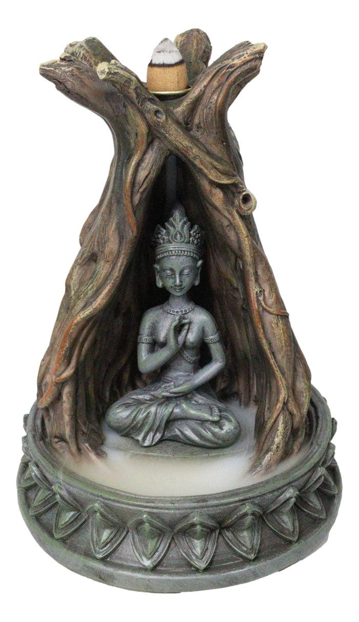 ebros gift Amitabha Buddha Meditating Inside Tree Trunk Backflow Incense Burner Figurine