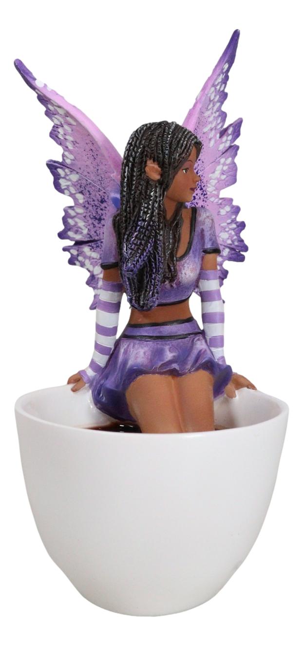 Ebros Gift Amy Brown Fantasy Magic FAE Purple Winged Ebony Fairy Sitting On Teacup Figurine