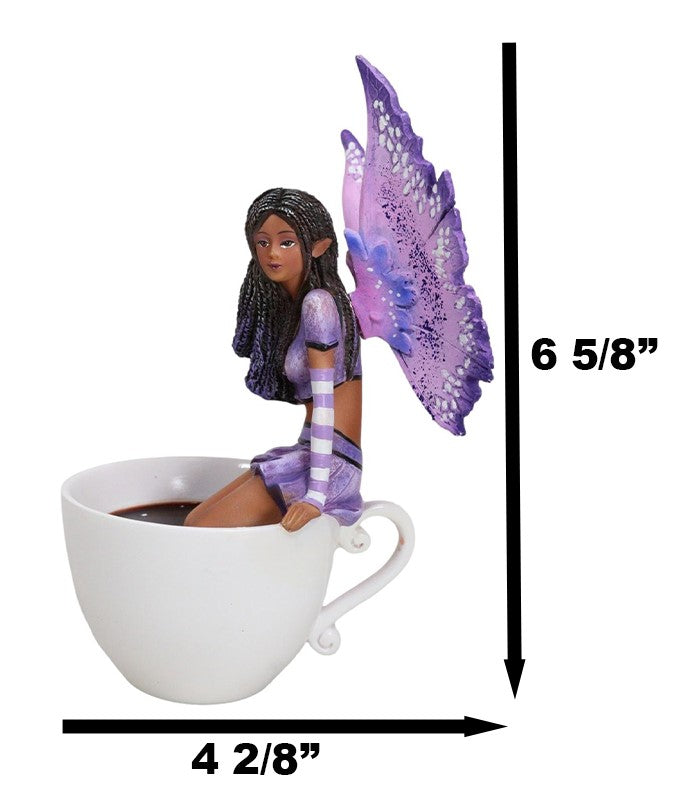 Ebros Gift Amy Brown Fantasy Magic FAE Purple Winged Ebony Fairy Sitting On Teacup Figurine