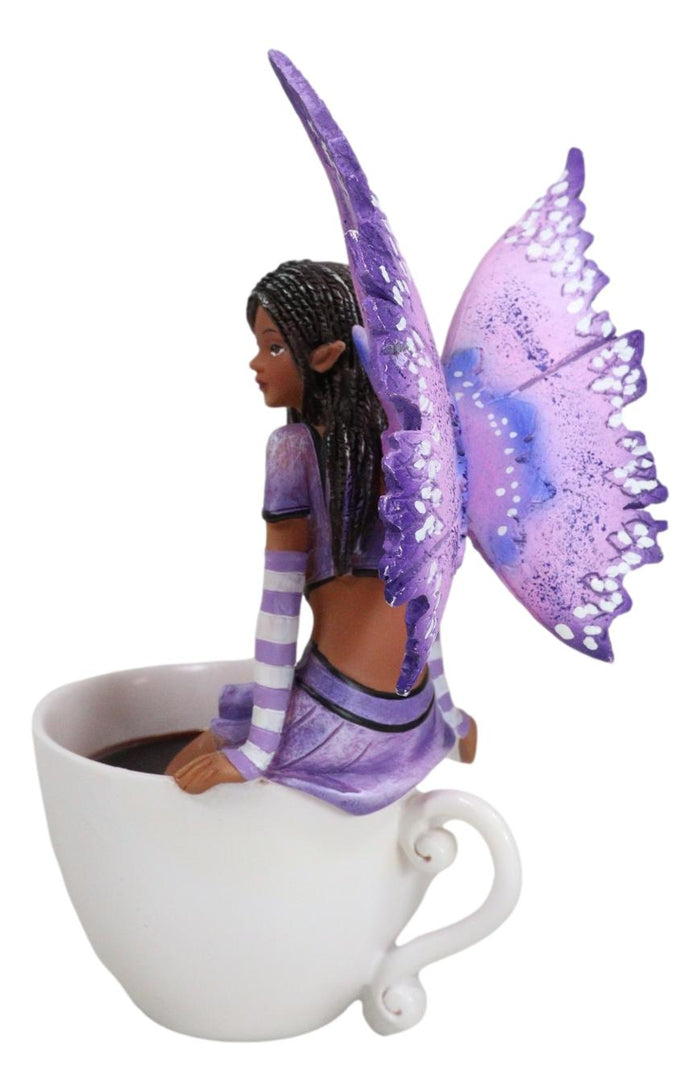 Ebros Gift Amy Brown Fantasy Magic FAE Purple Winged Ebony Fairy Sitting On Teacup Figurine