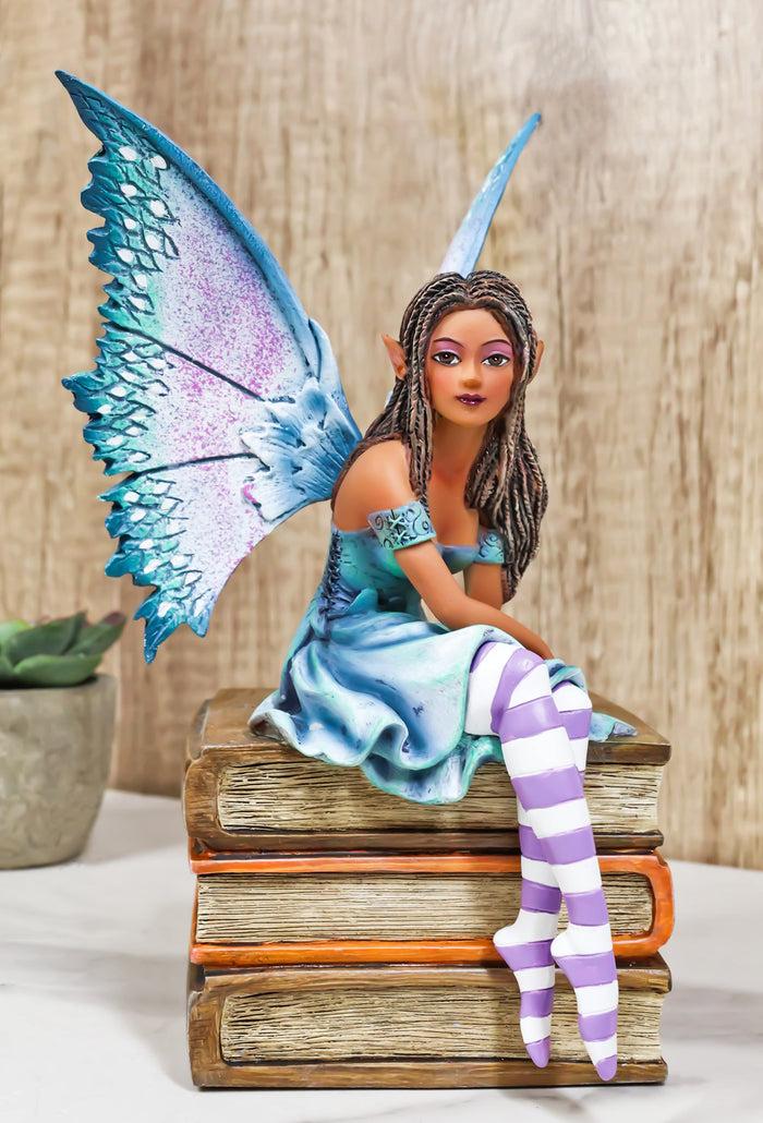 ebros gift Amy Brown Fantasy Magic Turquoise Ebony Fairy On Books Of Wisdom Figurine