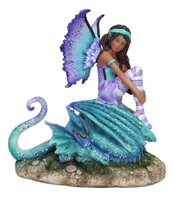 Ebros Gift Amy Brown Fantasy Magic Turquoise Ebony Fairy Perching On Water Dragon Figurine