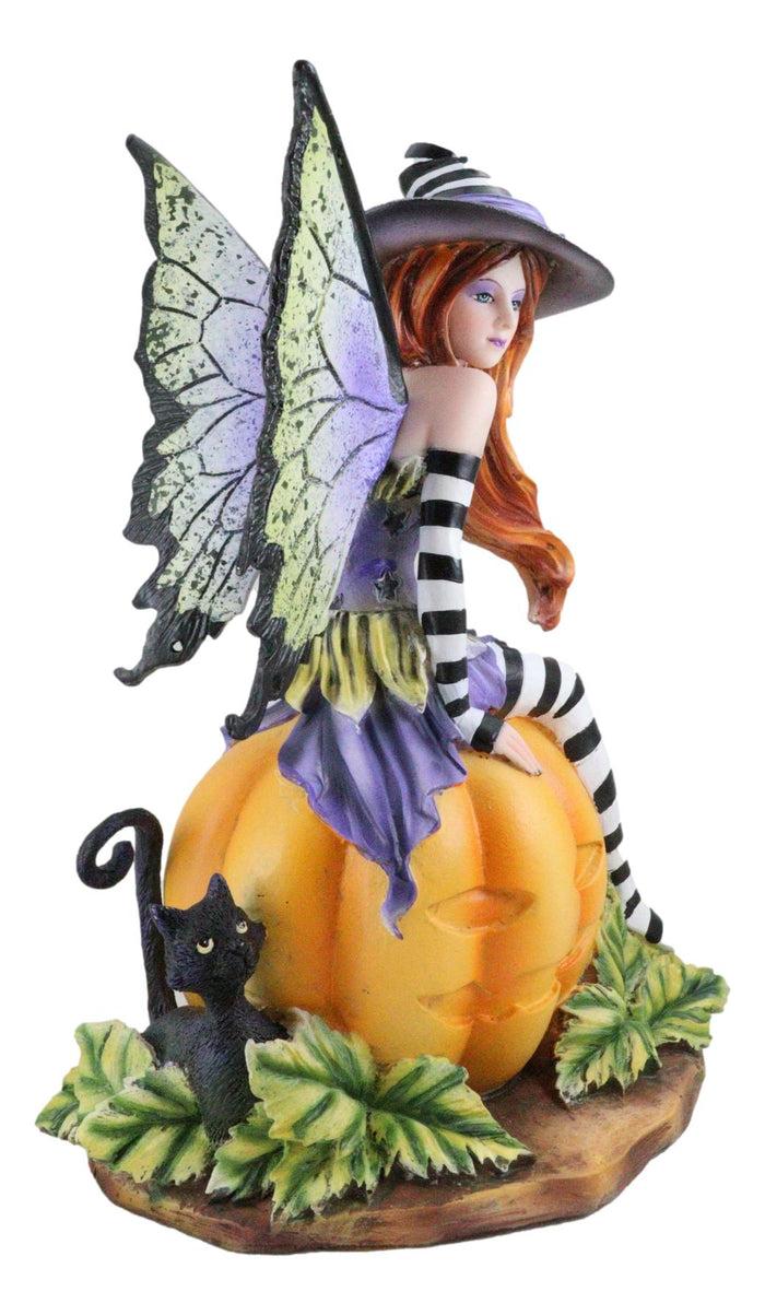 Ebros Gift Amy Brown Halloween Bewitched Fairy With Black Cat On Giant Pumpkin Figurine