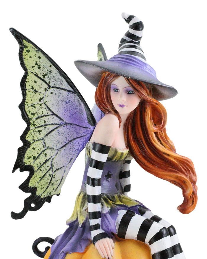 Ebros Gift Amy Brown Halloween Bewitched Fairy With Black Cat On Giant Pumpkin Figurine