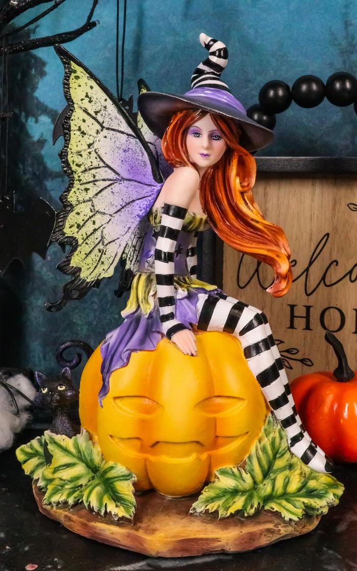 ebros gift Amy Brown Halloween Bewitched Fairy With Black Cat On Giant Pumpkin Figurine