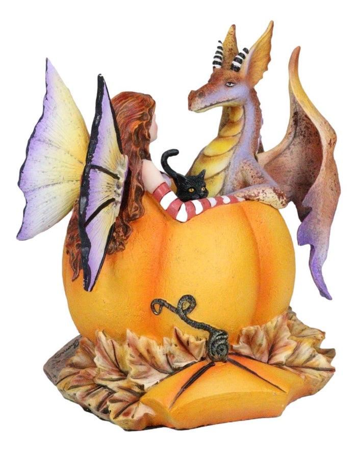 Ebros Gift Amy Brown Halloween Fairy Black Cats And Dragon In Pumpkin Fall Leaves Figurine