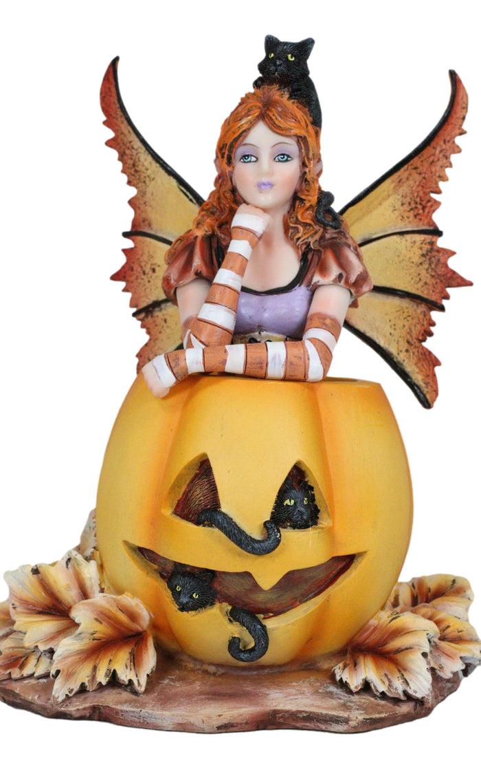 Ebros Gift Amy Brown Halloween Mischief Fairy With Black Cats On Grinning Pumpkin Figurine