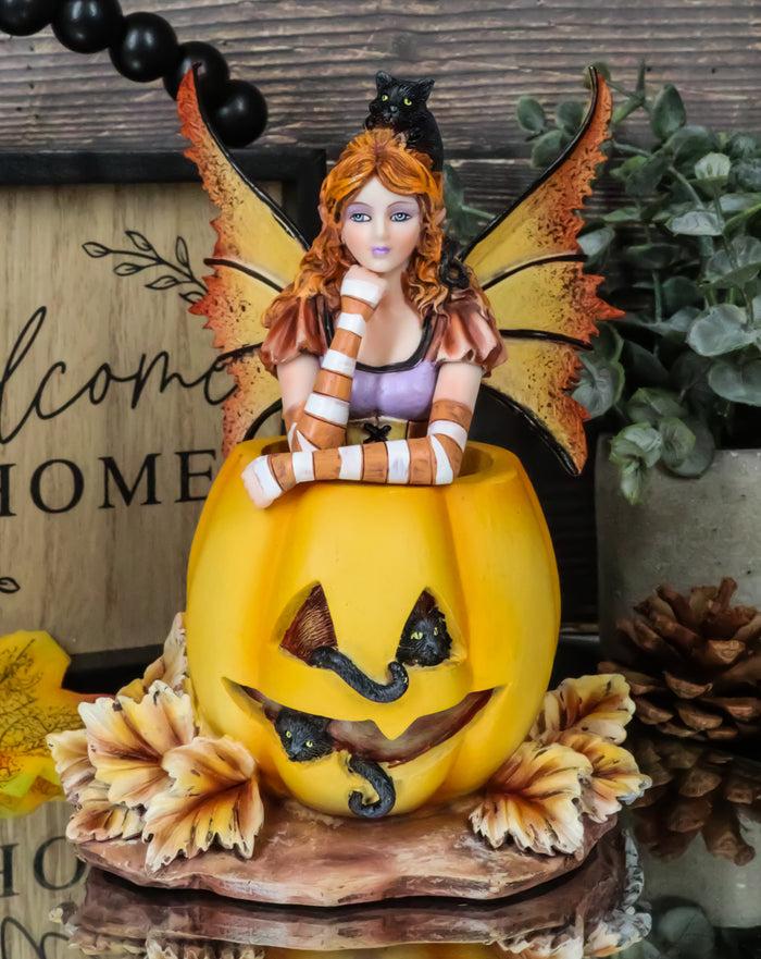 ebros gift Amy Brown Halloween Mischief Fairy With Black Cats On Grinning Pumpkin Figurine