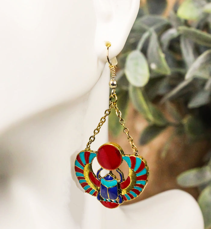 ebros gift Ancient Egyptian Deity Winged Scarab Beetle Amulet Dangle Earrings Pair Jewelry