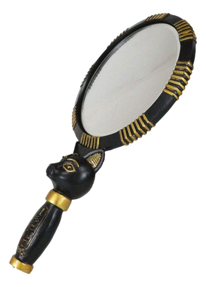 Ebros Gift Ancient Egyptian Hieroglyphs Golden Goddess Bastet Cat Hand Mirror Figurine