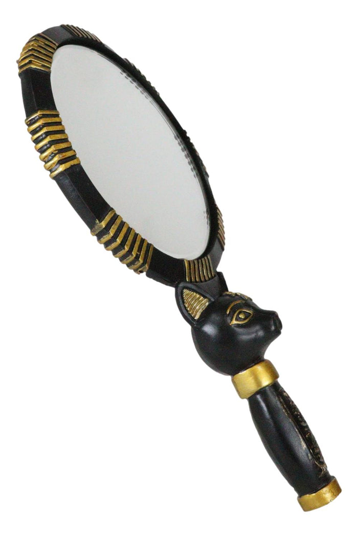 Ebros Gift Ancient Egyptian Hieroglyphs Golden Goddess Bastet Cat Hand Mirror Figurine