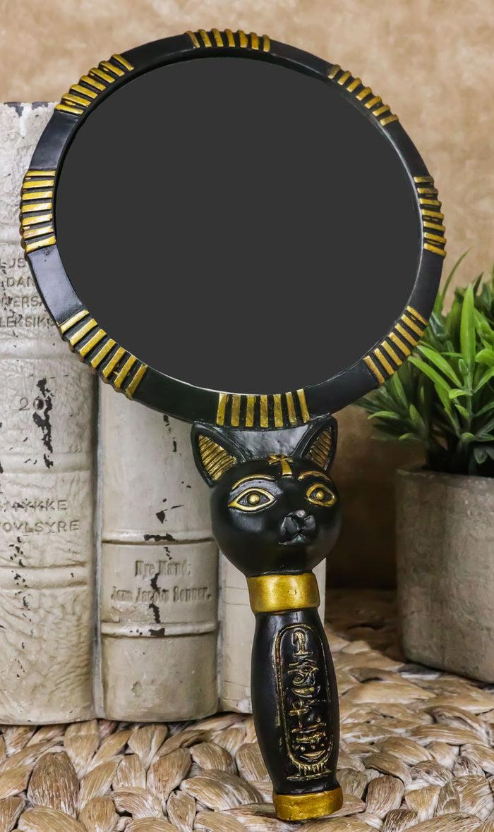 ebros gift Ancient Egyptian Hieroglyphs Golden Goddess Bastet Cat Hand Mirror Figurine