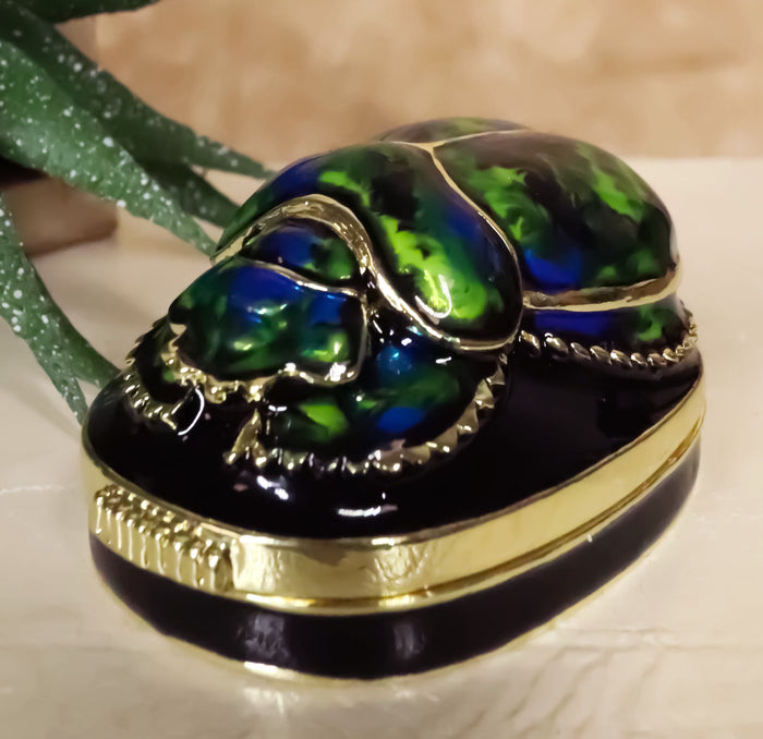 ebros gift Ancient Egyptian Pewter Green Scarab Jewelry Box 2.25"Long Symbol of Rebirth