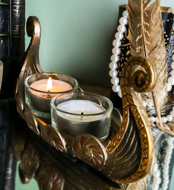 Ebros Gift Ancient Viking Fjord Norseman Oseberg Longship 2 Votives Candle Holder Figurine