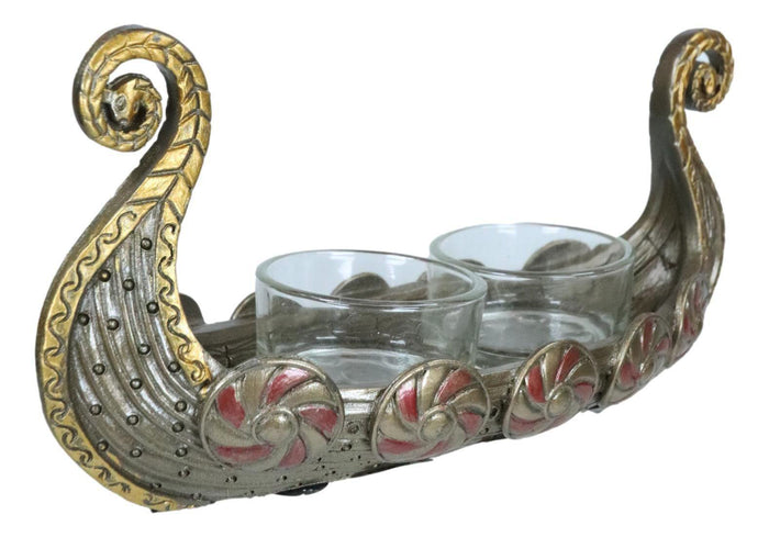 Ebros Gift Ancient Viking Fjord Norseman Oseberg Longship 2 Votives Candle Holder Figurine