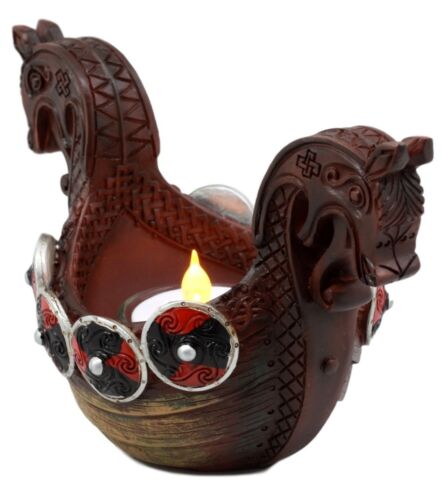 Ebros Gift Ancient Viking Longship Candle Holder Figurine Nordic Viking Age Tea Light Decor