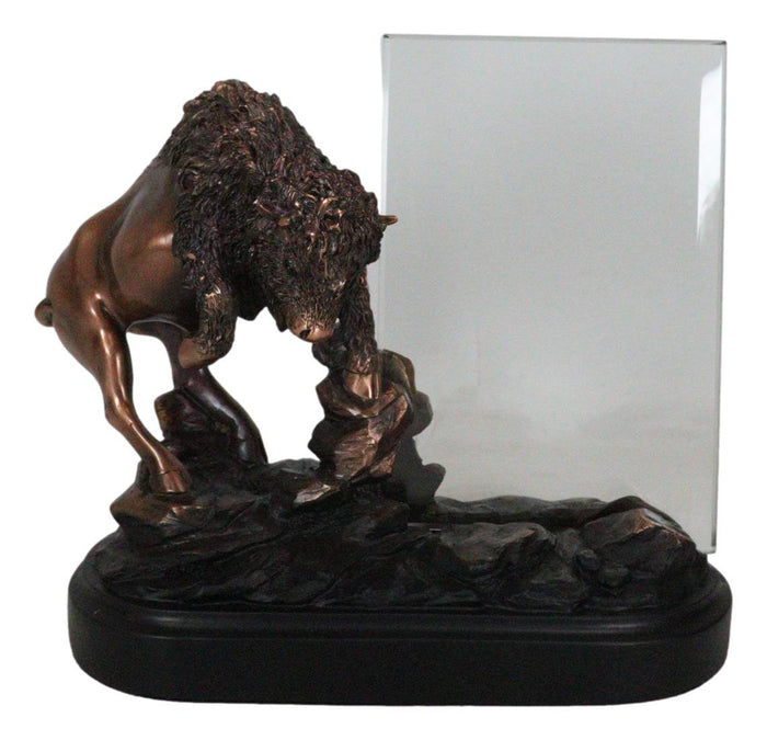 Ebros Gift Angry Native American Bison Buffalo Bronzed Figurine With 6X4 Glass Photo Frame