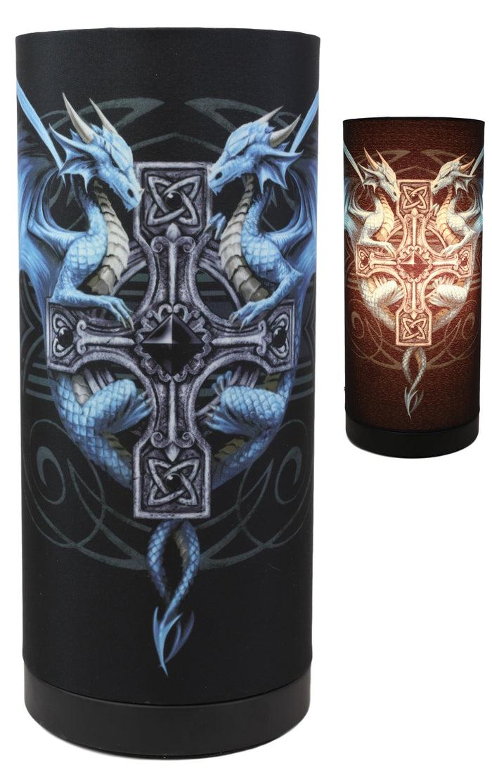 Ebros Gift Anne Stokes Gothic Blue Dragon Duo With Celtic Cross Table Column Shade Lamp 11"