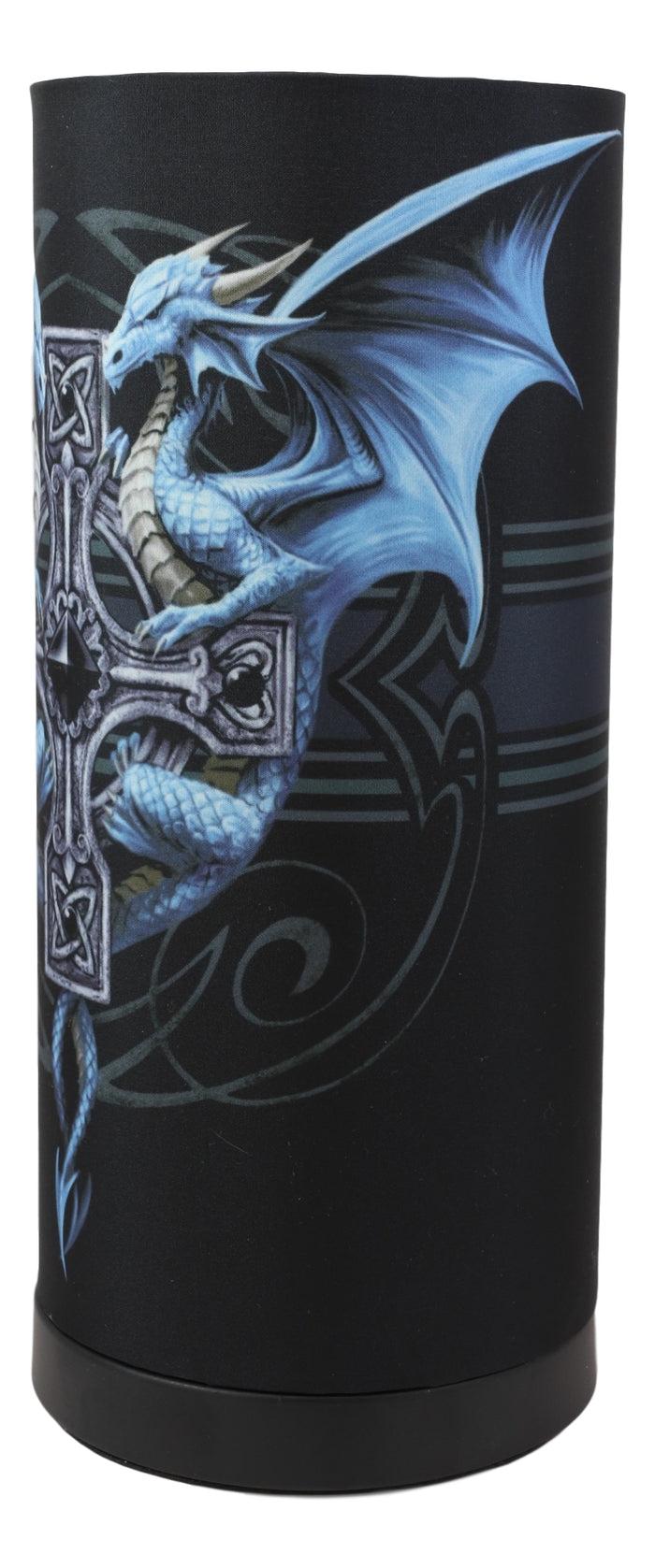 Ebros Gift Anne Stokes Gothic Blue Dragon Duo With Celtic Cross Table Column Shade Lamp 11"