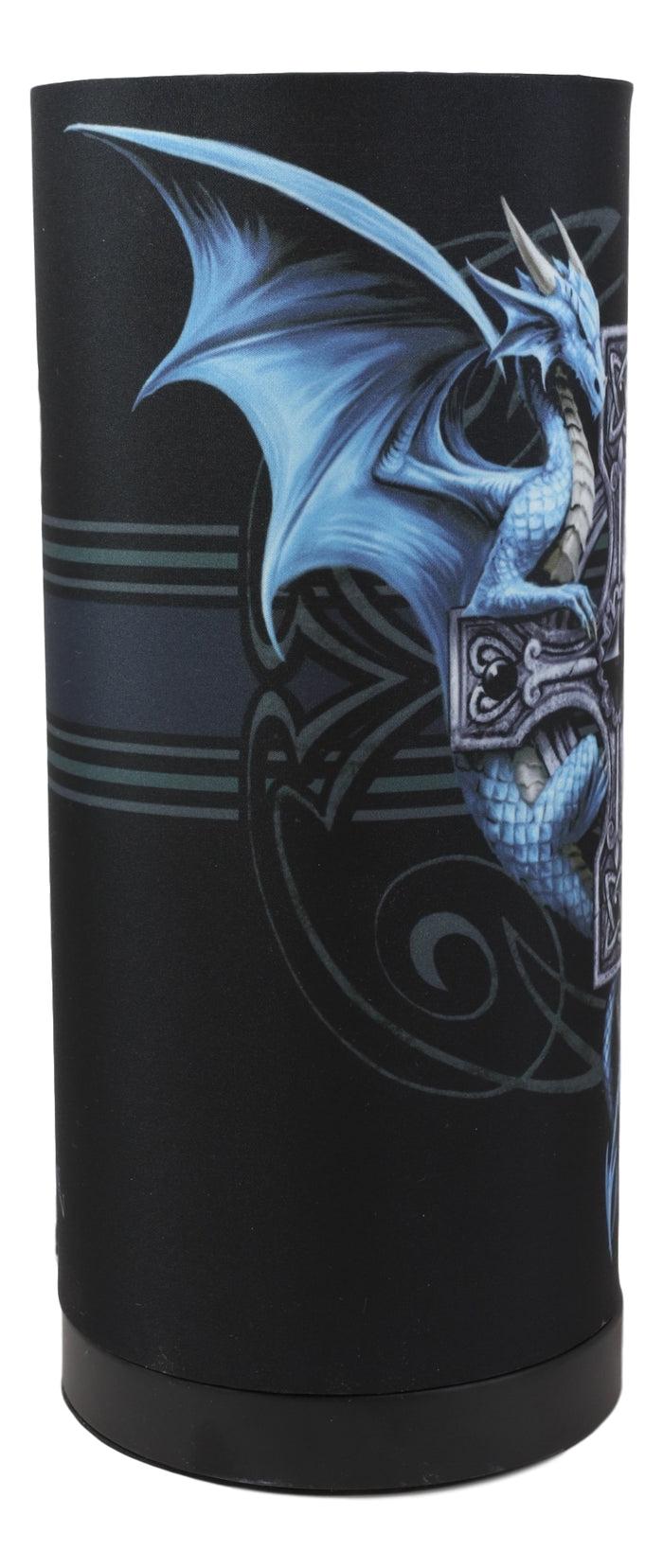 Ebros Gift Anne Stokes Gothic Blue Dragon Duo With Celtic Cross Table Column Shade Lamp 11"