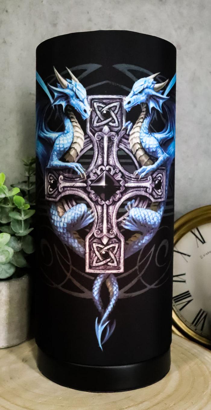 ebros gift Anne Stokes Gothic Blue Dragon Duo With Celtic Cross Table Column Shade Lamp 11"