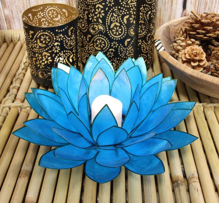 ebros gift Aqua Blue Capiz Seashells Lotus Flower Votive Tea Light Candle Holder 8.5"D
