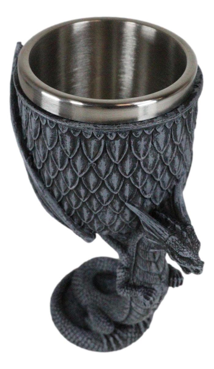 Ebros Gift Archaic Gray Stone Dragon Atlas Bearing Globe Of Scales Wine Goblet Chalice Cup