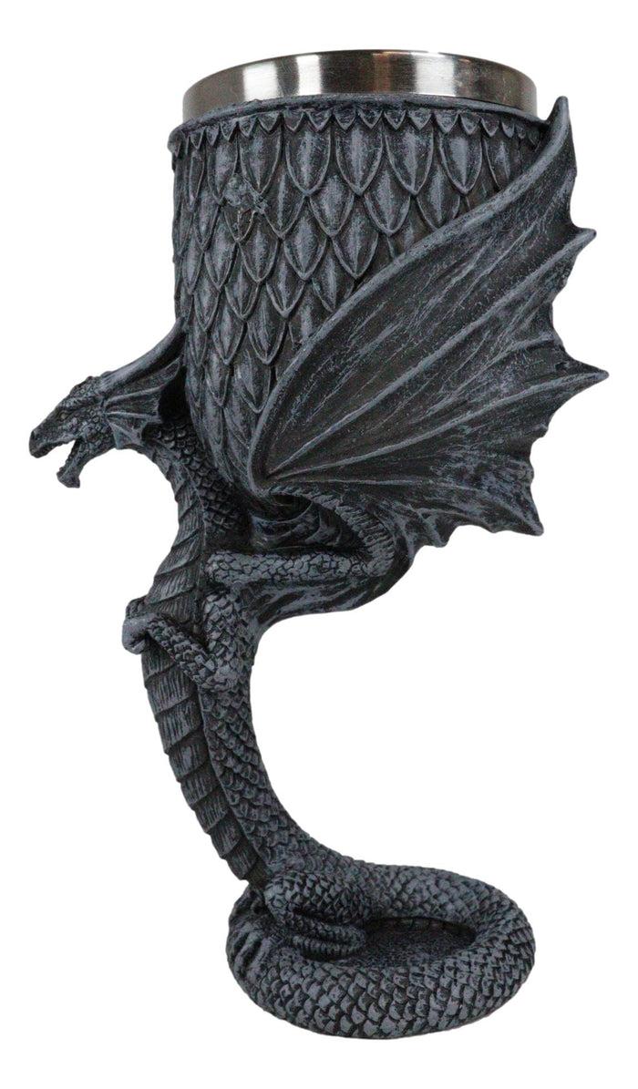 Ebros Gift Archaic Gray Stone Dragon Atlas Bearing Globe Of Scales Wine Goblet Chalice Cup