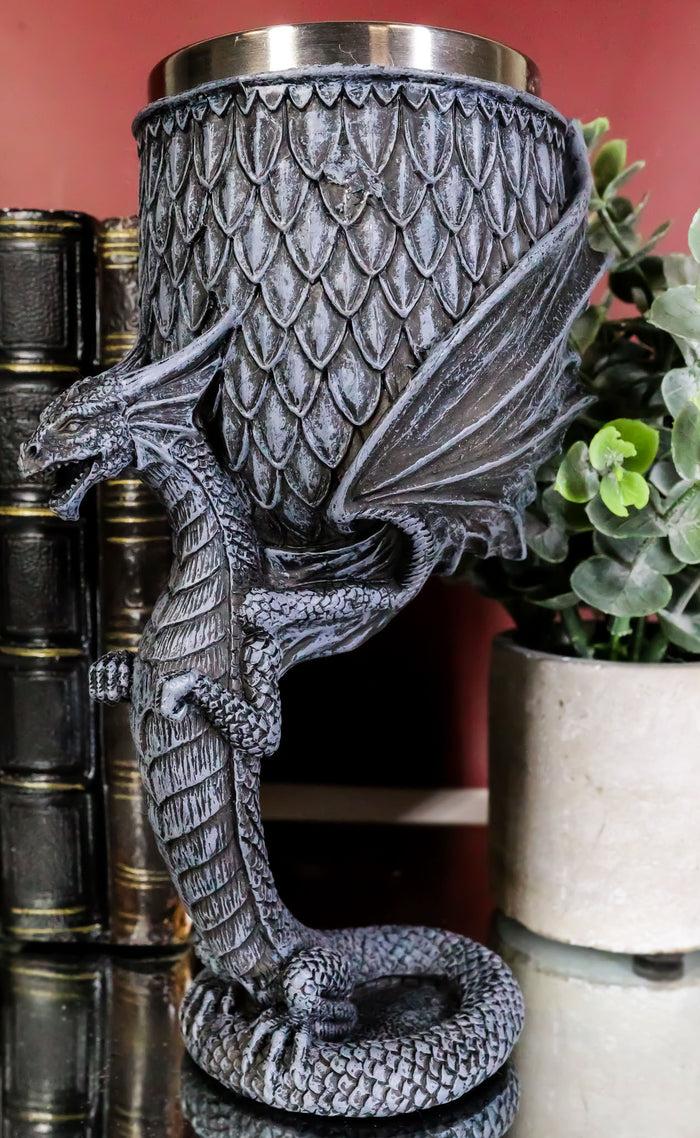 ebros gift Archaic Gray Stone Dragon Atlas Bearing Globe Of Scales Wine Goblet Chalice Cup