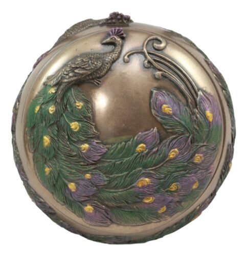 Ebros Gift Art Nouveau Beautiful Iridescent Tailed Peacock Round Jewelry Box