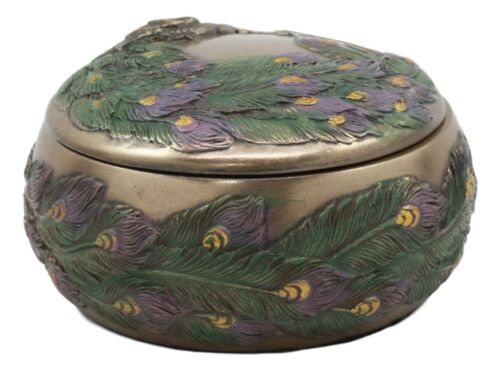 Ebros Gift Art Nouveau Beautiful Iridescent Tailed Peacock Round Jewelry Box
