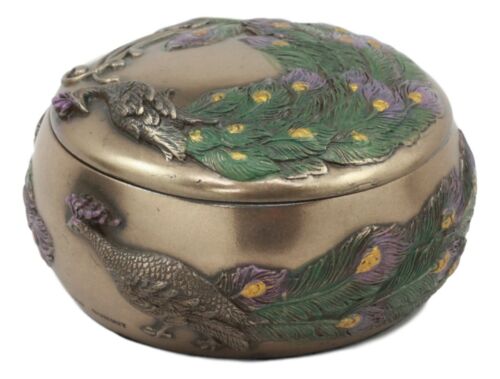 Ebros Gift Art Nouveau Beautiful Iridescent Tailed Peacock Round Jewelry Box
