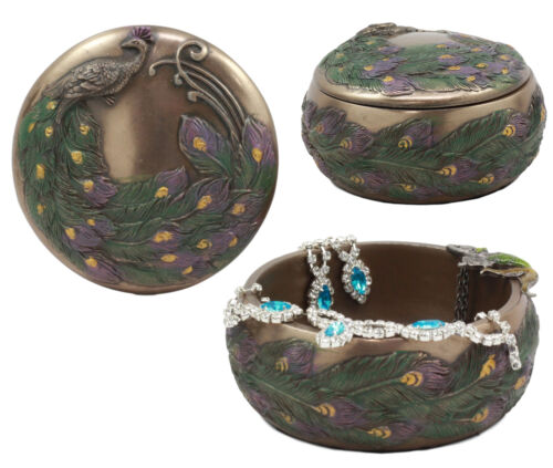 ebros gift Art Nouveau Beautiful Iridescent Tailed Peacock Round Jewelry Box