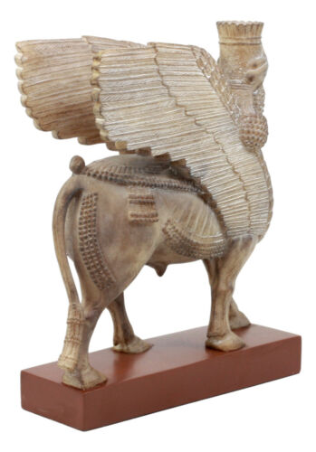 Ebros Gift Assyrian Bull Lamassu Statue 8.5"L Decorative Shedu On Wooden Pedestal Figurine