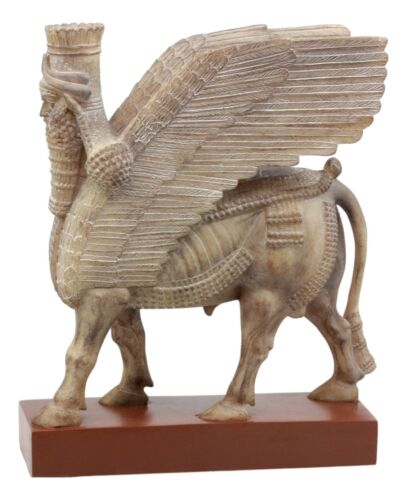 Ebros Gift Assyrian Bull Lamassu Statue 8.5"L Decorative Shedu On Wooden Pedestal Figurine