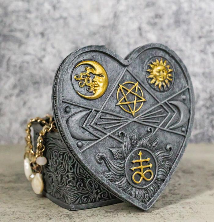 ebros gift Astrology Sun And Moon Baphomet Pentagram Heart Shaped Decorative Jewelry Box