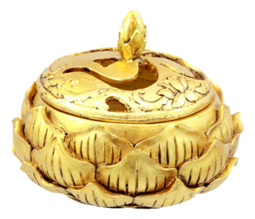 Ebros Gift Auspicious Golden Buddha Ohm Carved Padma Lotus Round Jewelry Box Figurine