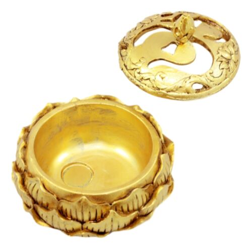 Ebros Gift Auspicious Golden Buddha Ohm Carved Padma Lotus Round Jewelry Box Figurine