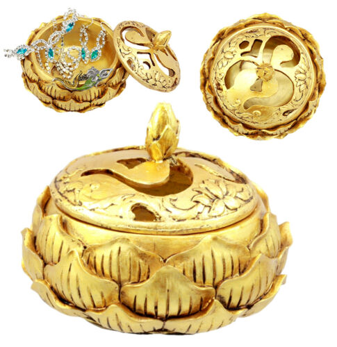 ebros gift Auspicious Golden Buddha Ohm Carved Padma Lotus Round Jewelry Box Figurine