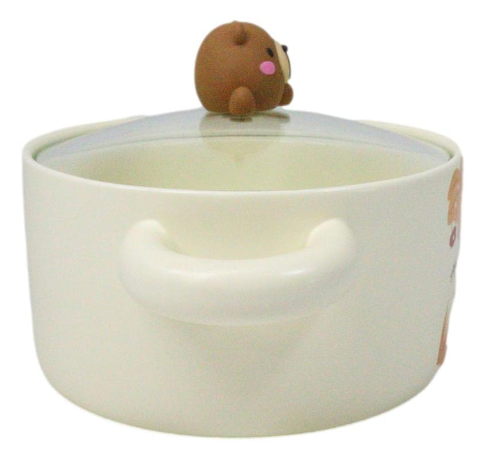 Ebros Gift Autumn Brown Bear With Acorns Donburi Ramen Soup Bowl With Glass Lid And Handles