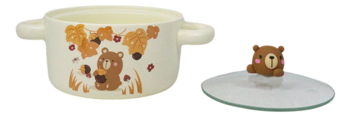 Ebros Gift Autumn Brown Bear With Acorns Donburi Ramen Soup Bowl With Glass Lid And Handles